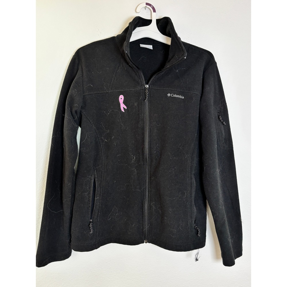 Columbia Black Fleece Jacket Womens L Pink Ribbon Breast Cancer Awareness Zip